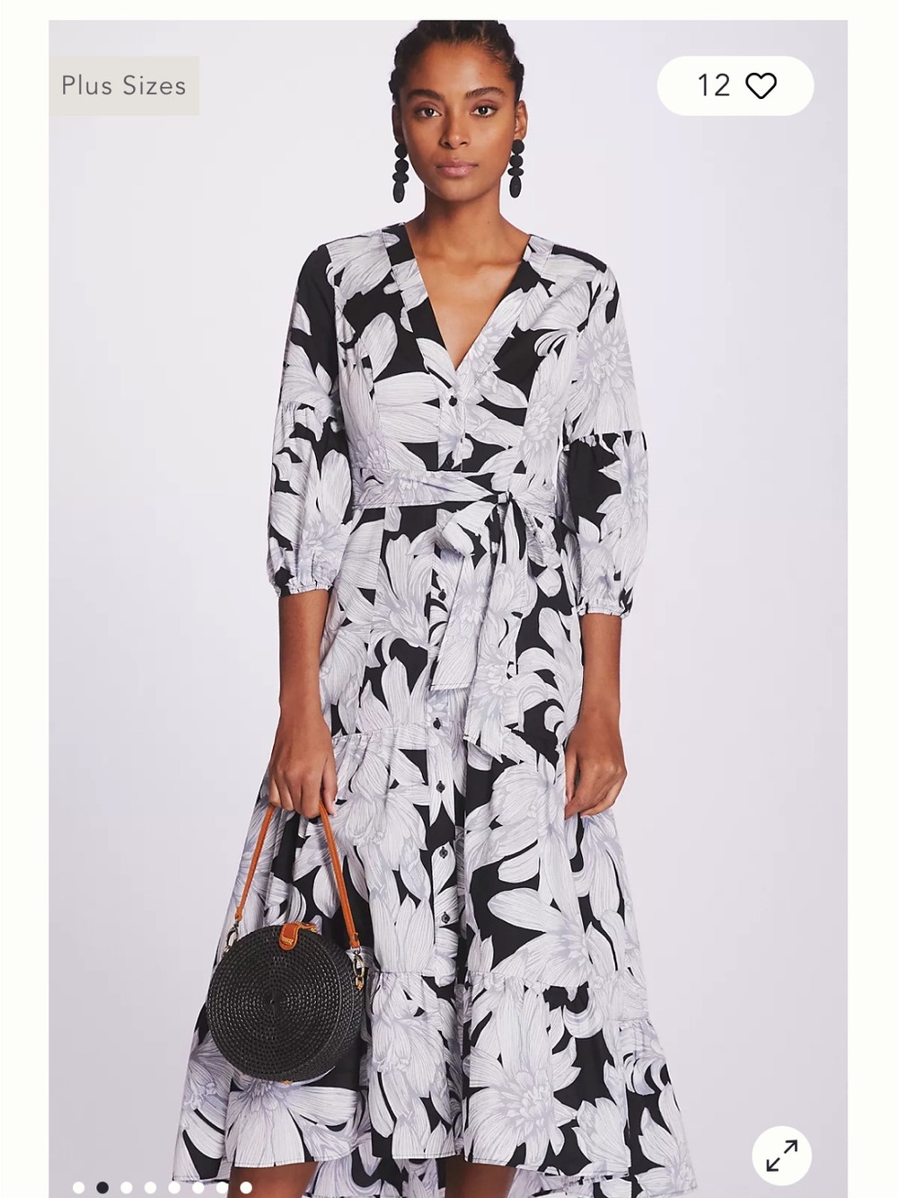 Anthropologie Maeve Black & White Floral Wrap Midi Dress
